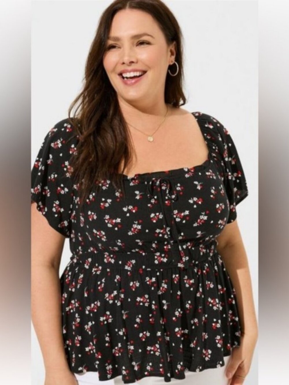 Romantic Torrid Black Floral Flutter Sleeve Blouse, Cottagecore Dark Whimsical